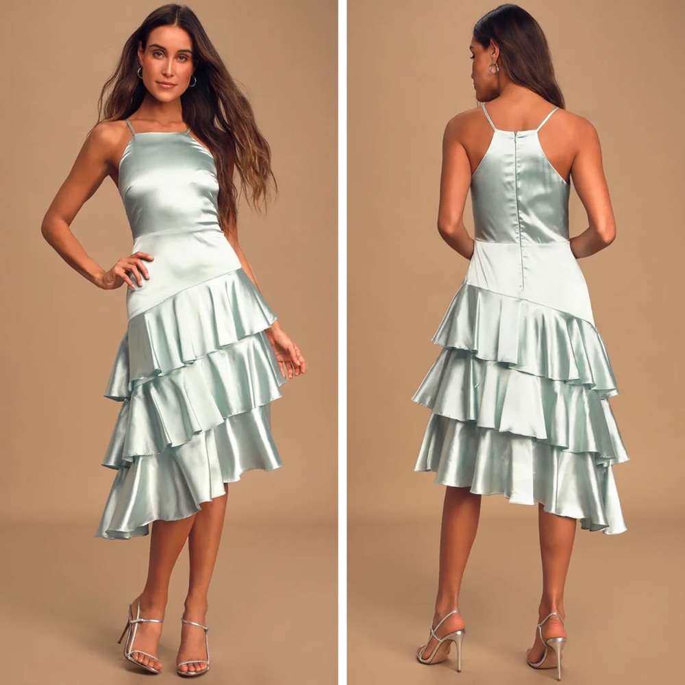 Lulu’s Blue Satin Tiered Asymmetrical Midi Dress